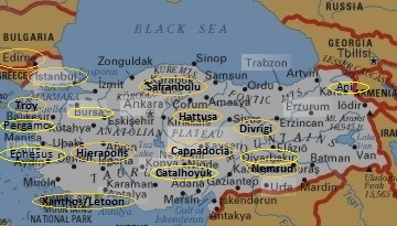 Carte des sites de l'Unesco en Turquie