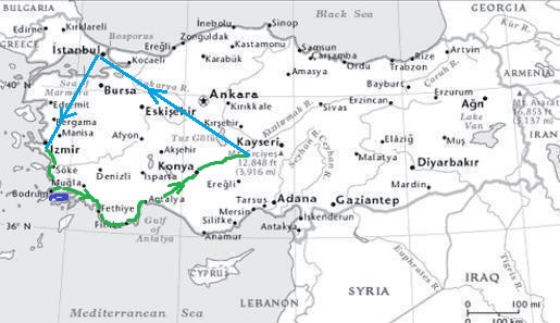 15 Days Tour - Western Turkey Blue Voyage Cappadocia Tour map